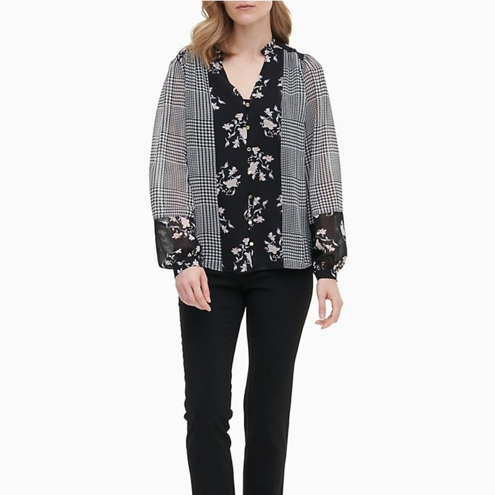 NWT! Calvin Klein Mixed Media Patchwork Blouse Large - Picture 1 of 7